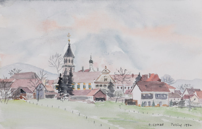 Camille COMBE : Le village aux toits roses, Aquarelle originale signée
