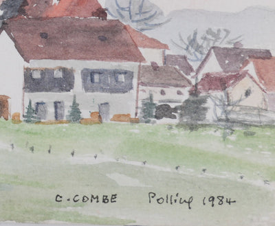 Camille COMBE : Le village aux toits roses, Aquarelle originale signée