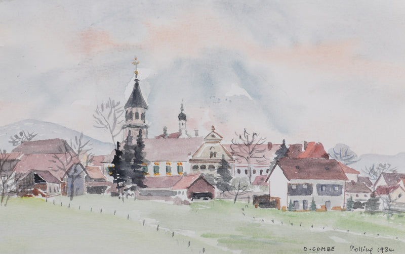Camille COMBE : Le village aux toits roses, Aquarelle originale signée