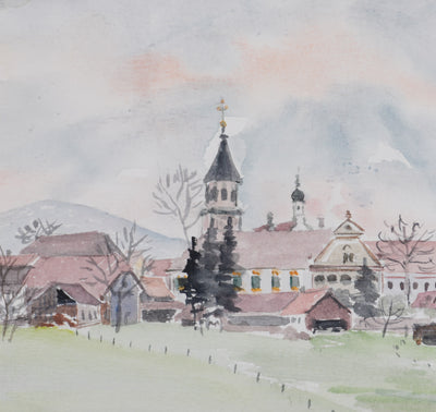 Camille COMBE : Le village aux toits roses, Aquarelle originale signée