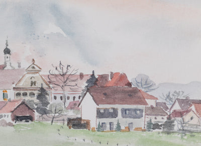 Camille COMBE : Le village aux toits roses, Aquarelle originale signée