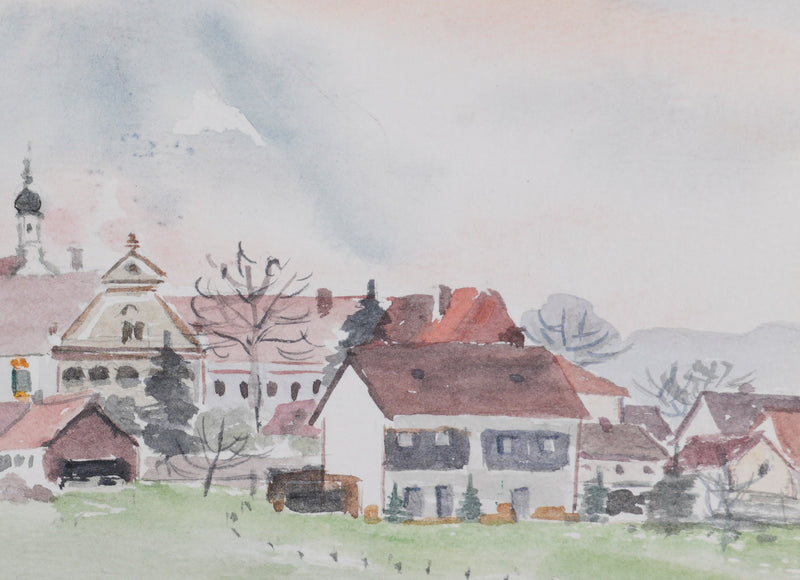 Camille COMBE : Le village aux toits roses, Aquarelle originale signée