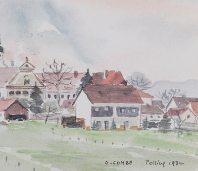 Camille COMBE : Le village aux toits roses, Aquarelle originale signée