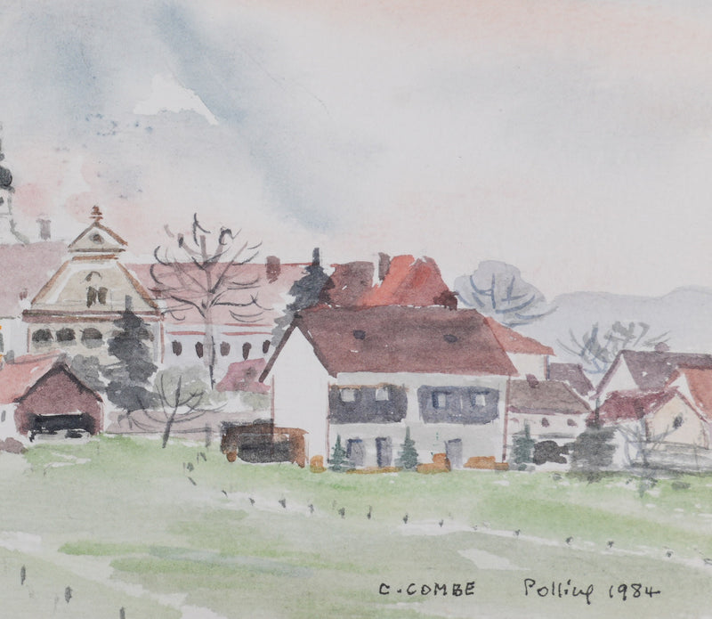 Camille COMBE : Le village aux toits roses, Aquarelle originale signée