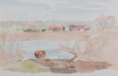 Camille COMBE : Le village au bord de l'eau, Aquarelle originale signée
