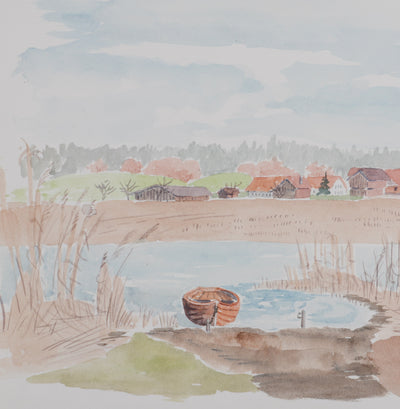 Camille COMBE : Le village au bord de l'eau, Aquarelle originale signée