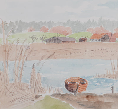Camille COMBE : Le village au bord de l'eau, Aquarelle originale signée