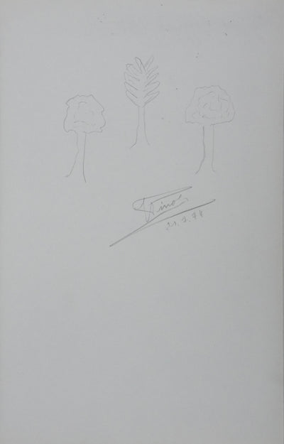 Jean PINOT : Le trio d'arbres silencieux, Autographe et dessin original signé
