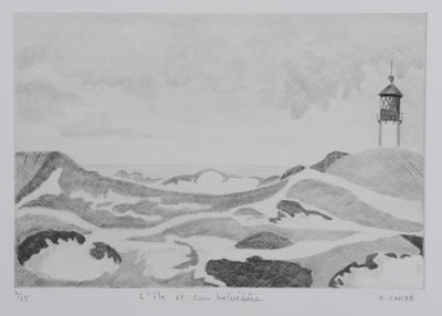 Camille COMBE : L'île et son belvédère, Gravure originale signée