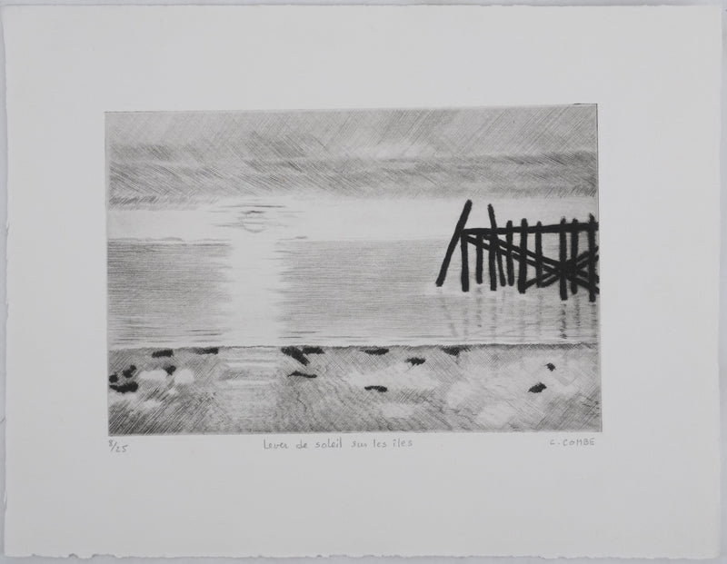 Camille COMBE : Lever de soleil sur les îles, Gravure originale signée