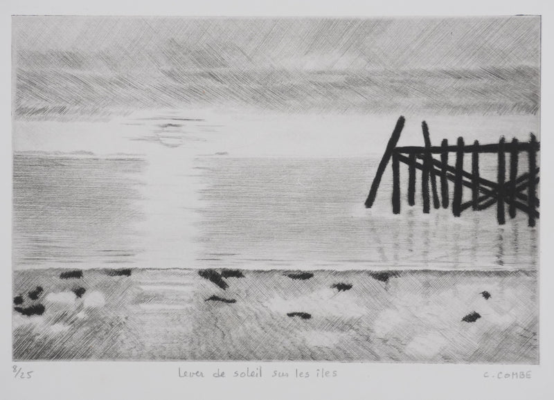 Camille COMBE : Lever de soleil sur les îles, Gravure originale signée