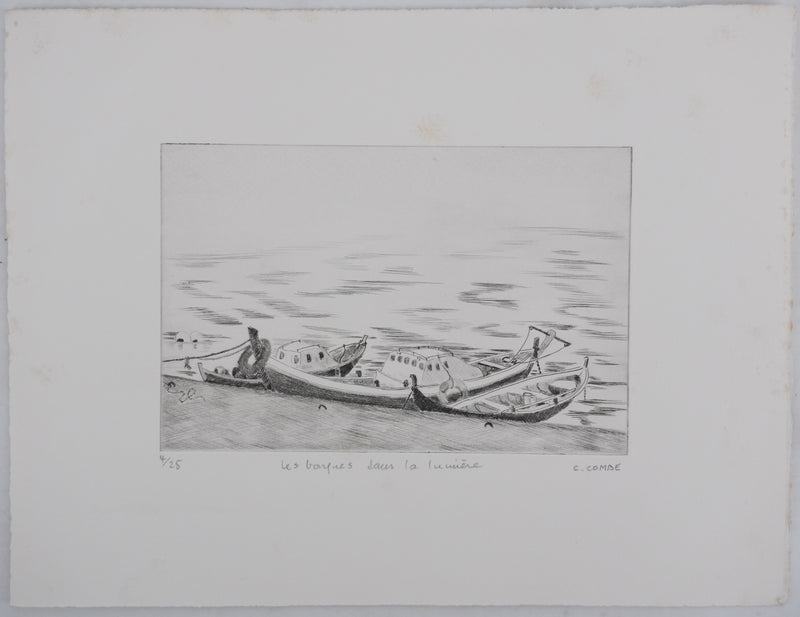 Camille COMBE : Les barques dans la lumière, Gravure originale signée