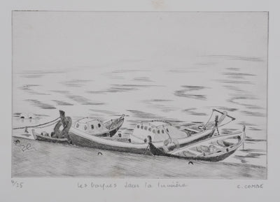 Camille COMBE : Les barques dans la lumière, Gravure originale signée