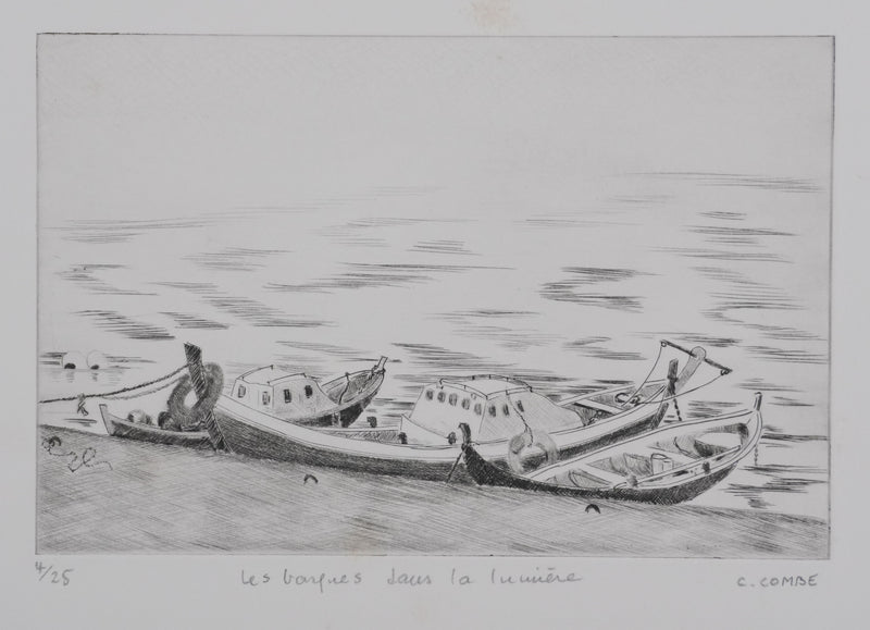 Camille COMBE : Les barques dans la lumière, Gravure originale signée