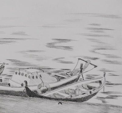 Camille COMBE : Les barques dans la lumière, Gravure originale signée