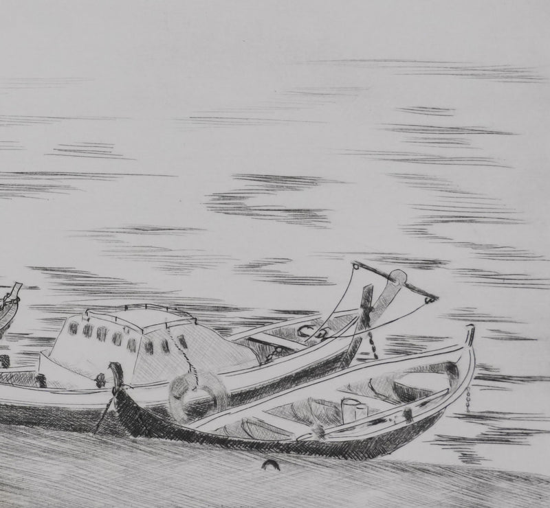 Camille COMBE : Les barques dans la lumière, Gravure originale signée