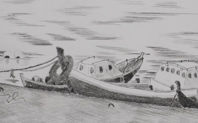 Camille COMBE : Les barques dans la lumière, Gravure originale signée
