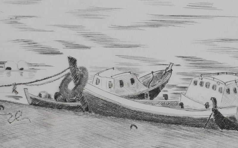 Camille COMBE : Les barques dans la lumière, Gravure originale signée