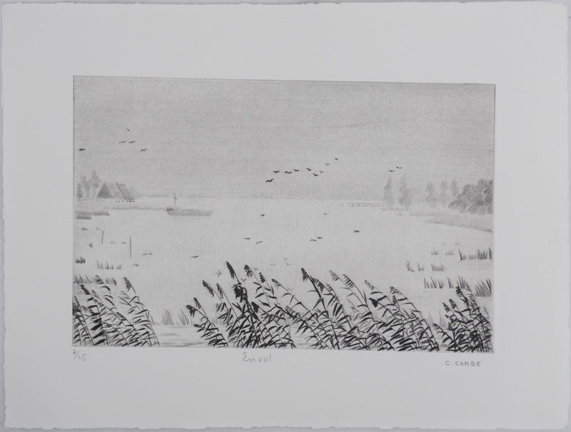 Camille COMBE : Oiseaux en envol, Gravure originale signée