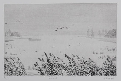 Camille COMBE : Oiseaux en envol, Gravure originale signée