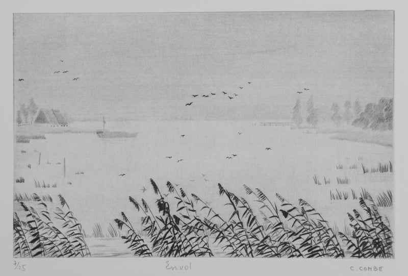 Camille COMBE : Oiseaux en envol, Gravure originale signée