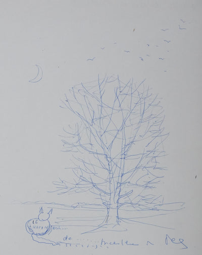 Michel CIRY : Le chat au clair de lune, Dessin original signé