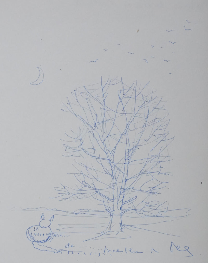 Michel CIRY : Le chat au clair de lune, Dessin original signé