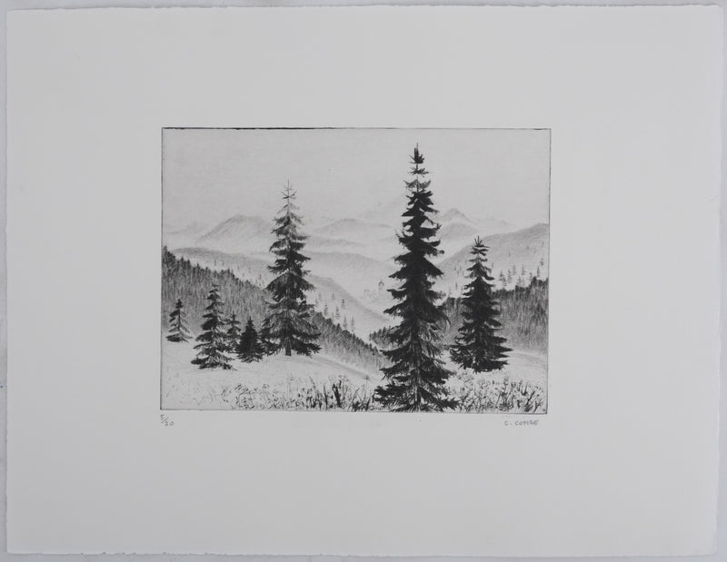 Camille COMBE : Les sapins, Gravure originale signée
