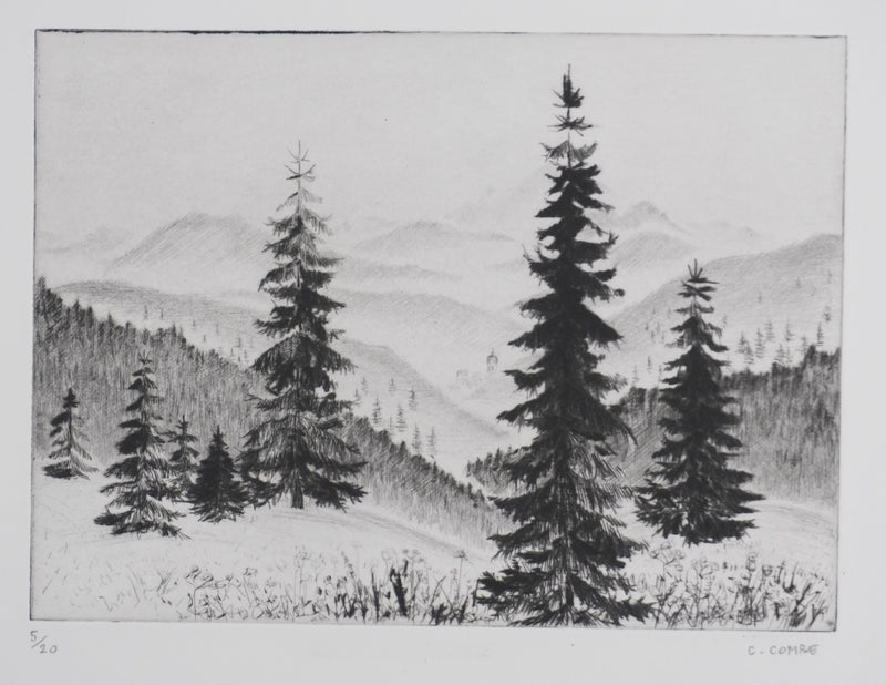 Camille COMBE : Les sapins, Gravure originale signée