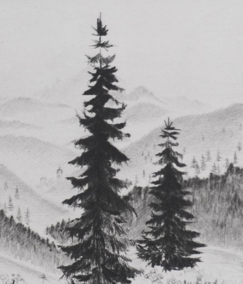 Camille COMBE : Les sapins, Gravure originale signée