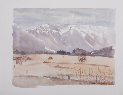 Camille COMBE : La clairière au pied de la montagne, Aquarelle originale signée