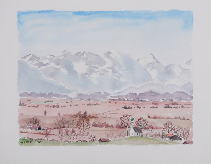Camille COMBE : Le hameau au pied de la montagne, Aquarelle originale signée