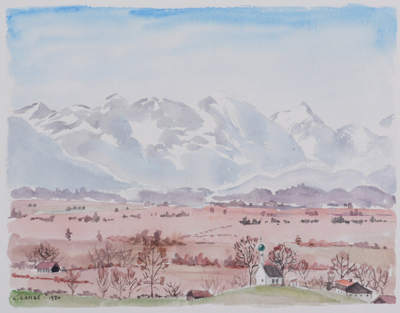 Camille COMBE : Le hameau au pied de la montagne, Aquarelle originale signée