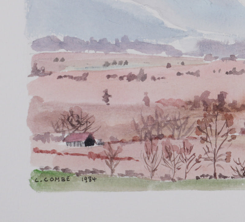 Camille COMBE : Le hameau au pied de la montagne, Aquarelle originale signée