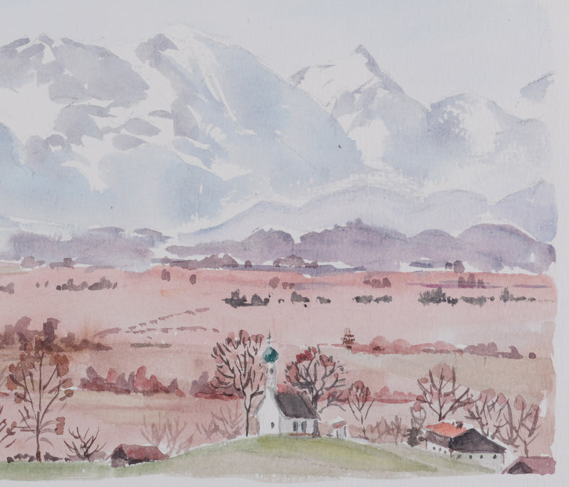 Camille COMBE : Le hameau au pied de la montagne, Aquarelle originale signée
