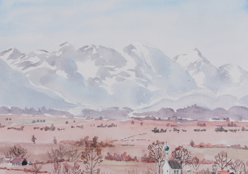 Camille COMBE : Le hameau au pied de la montagne, Aquarelle originale signée