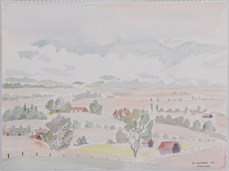 Camille COMBE : Le bourg au pied des cimes, Aquarelle originale (vue générale) - Crédit photo : Galerie Art.Paris