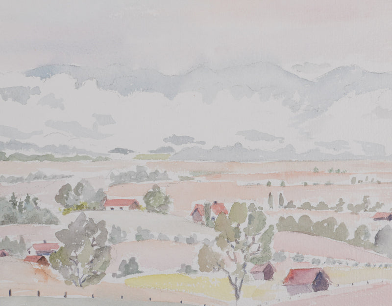 Camille COMBE : Le bourg au pied des cimes, Aquarelle originale (photo de détail 3) - Crédit photo : Galerie Art.Paris