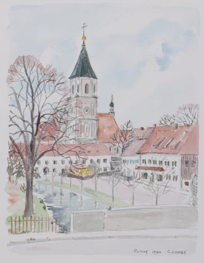 Camille COMBE : Vue sur l'église du village, Aquarelle originale signée