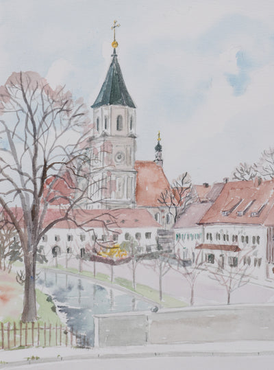 Camille COMBE : Vue sur l'église du village, Aquarelle originale signée