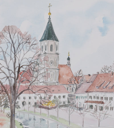 Camille COMBE : Vue sur l'église du village, Aquarelle originale signée