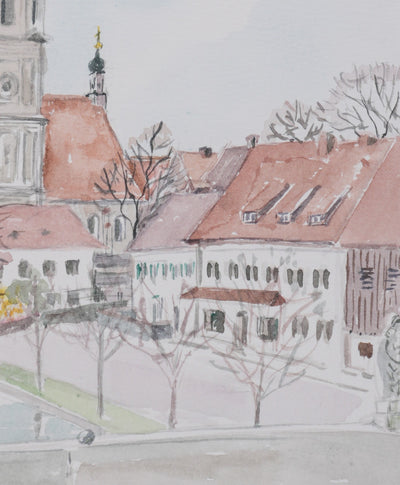 Camille COMBE : Vue sur l'église du village, Aquarelle originale signée