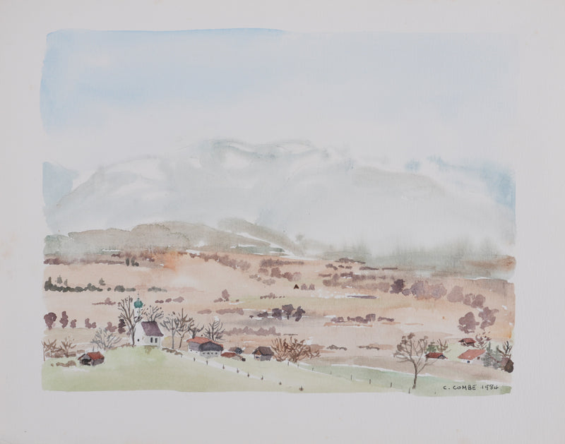 Camille COMBE : L’écrin des montagnes, Aquarelle originale signée