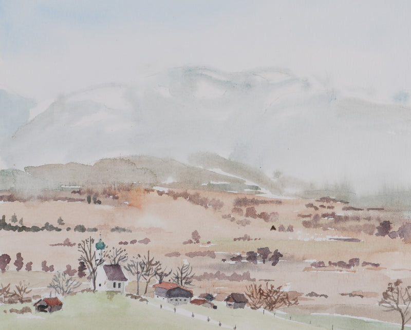 Camille COMBE : L’écrin des montagnes, Aquarelle originale signée