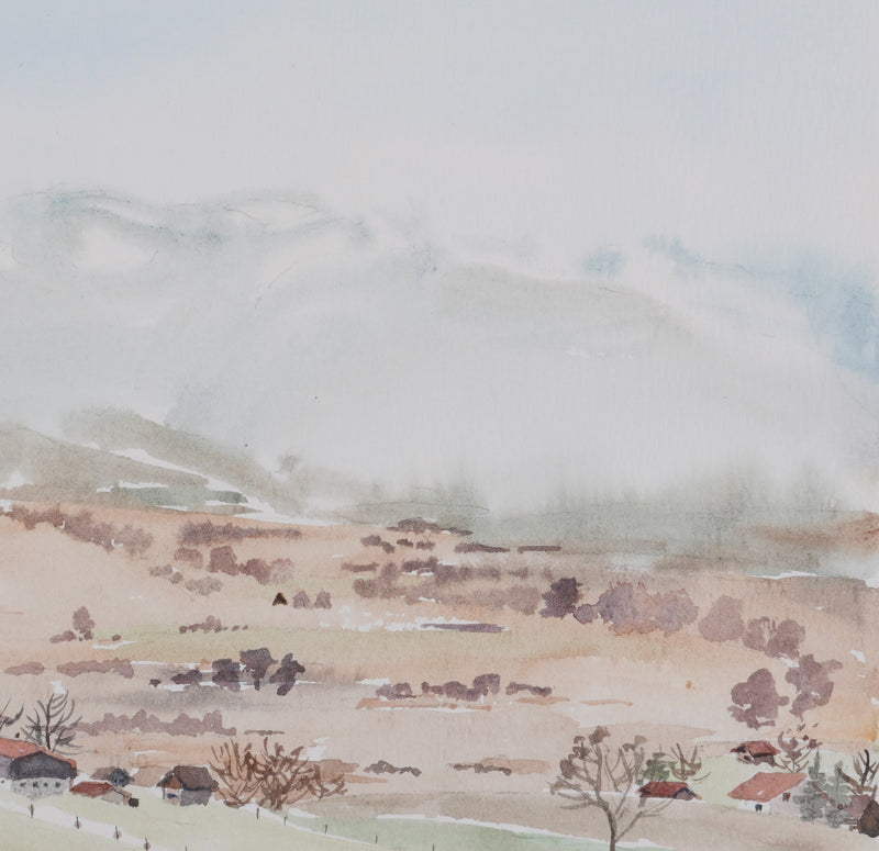 Camille COMBE : L’écrin des montagnes, Aquarelle originale signée