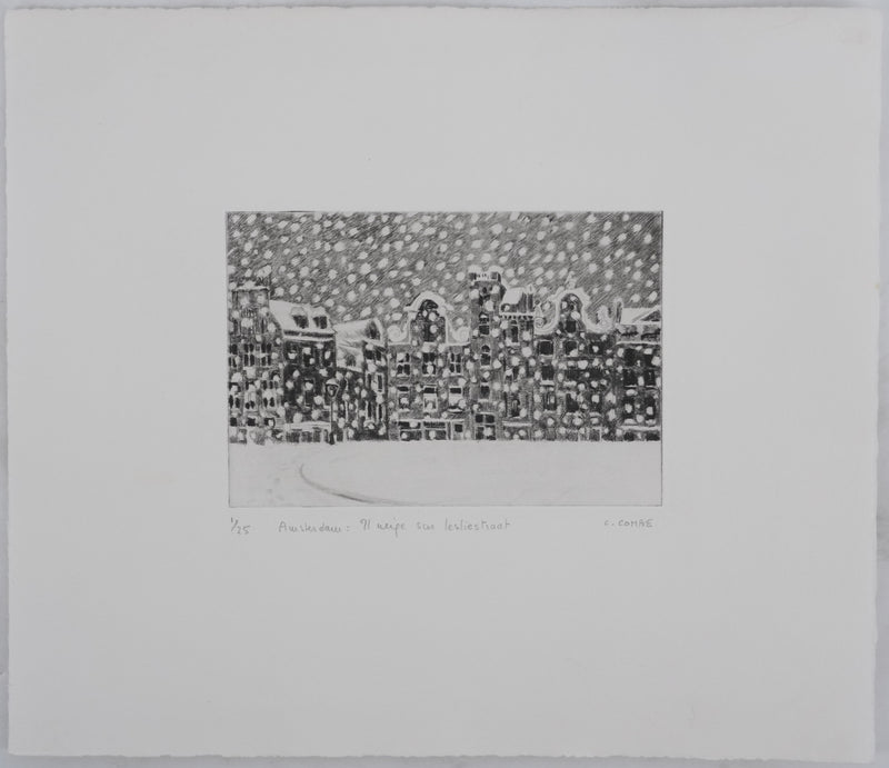 Camille COMBE : Il neige sur Lesliestraat, Gravure originale signée