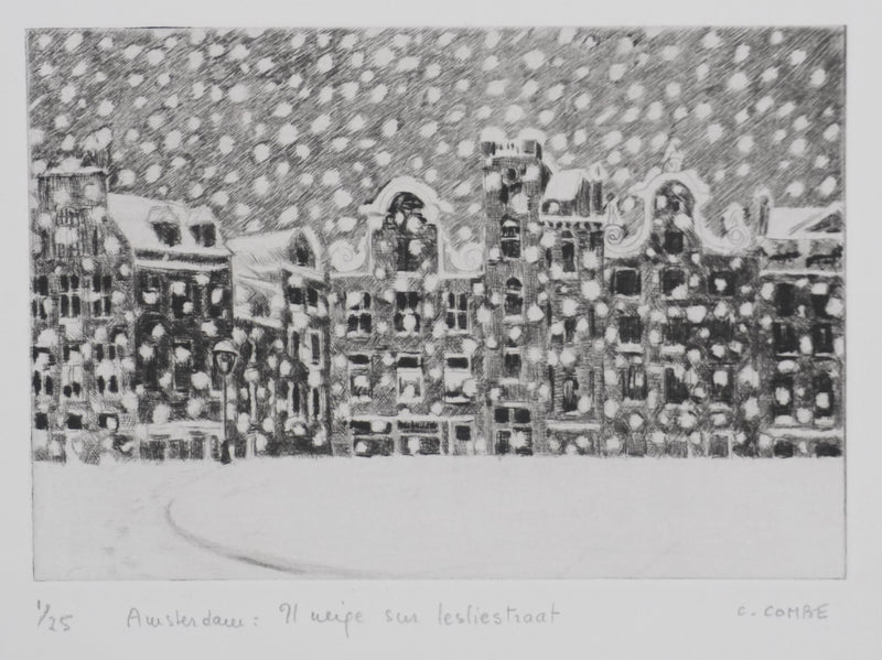 Camille COMBE : Il neige sur Lesliestraat, Gravure originale signée