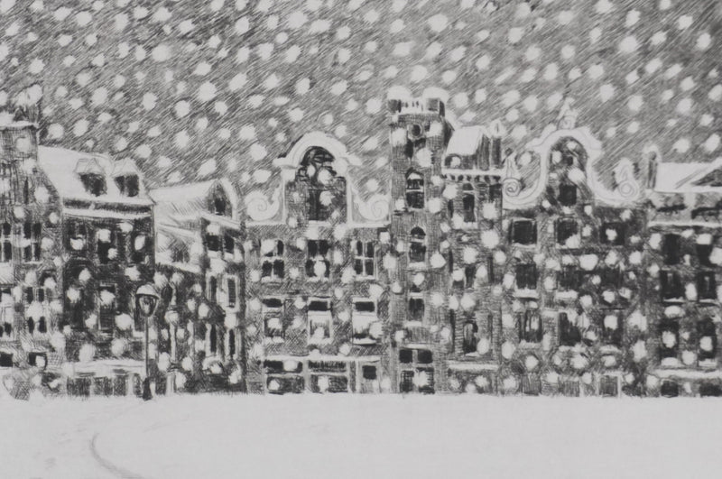 Camille COMBE : Il neige sur Lesliestraat, Gravure originale signée