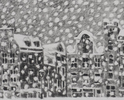 Camille COMBE : Il neige sur Lesliestraat, Gravure originale signée