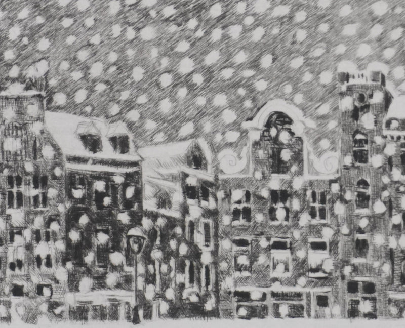 Camille COMBE : Il neige sur Lesliestraat, Gravure originale signée
